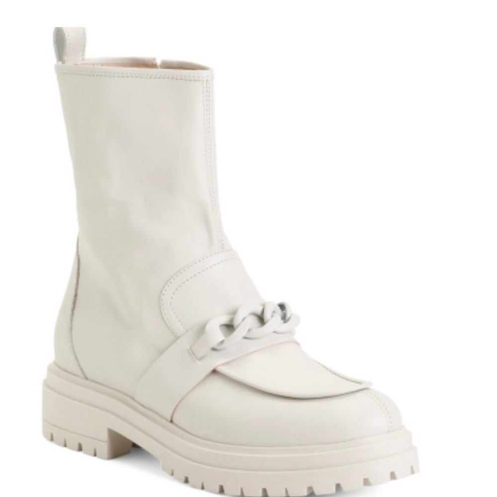 Napoleoni Cream Leather Chain Moto Boots